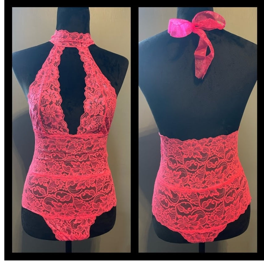 Neon Orange Collared Lace Teddy