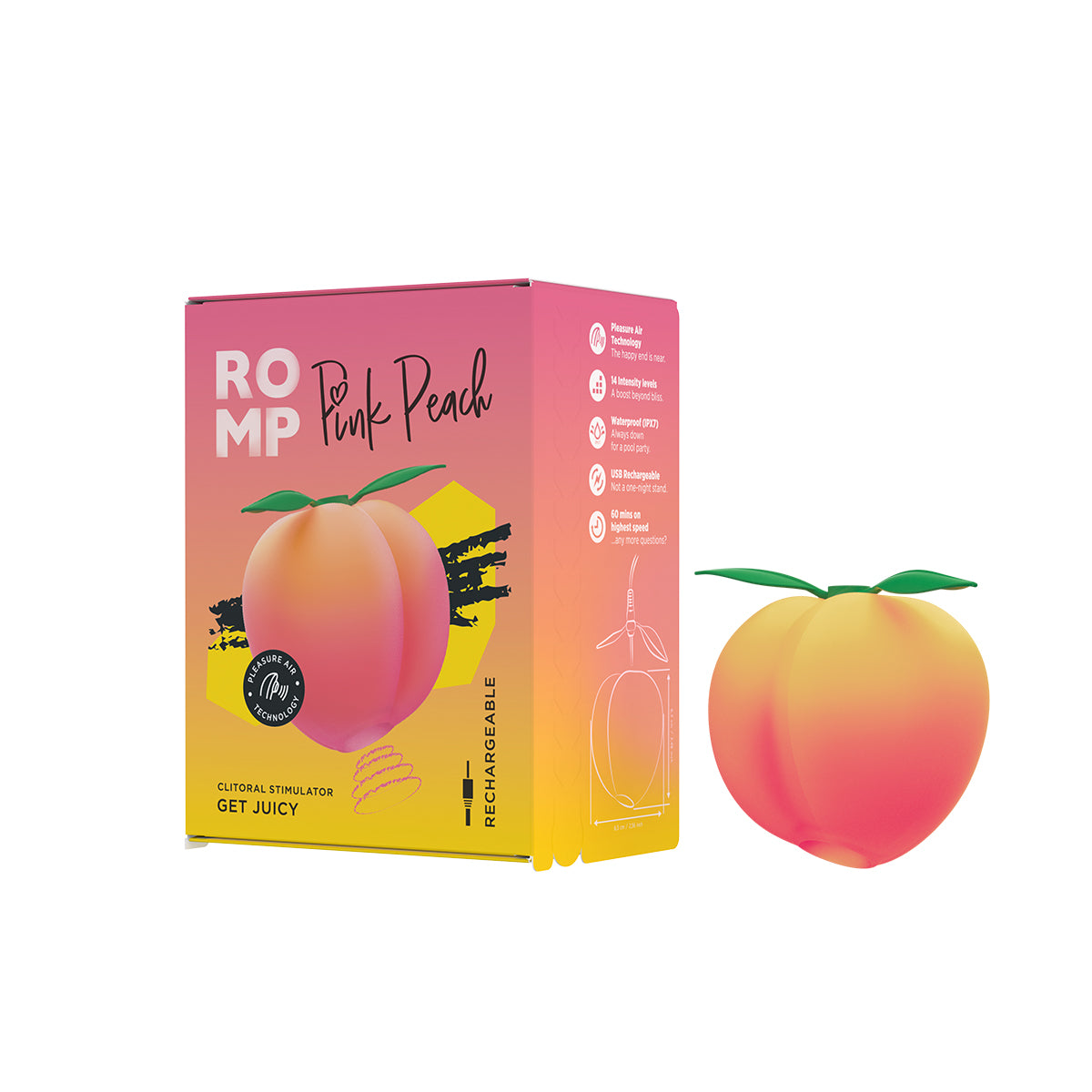 ROMP Pink Peach stimulator with box on a white background